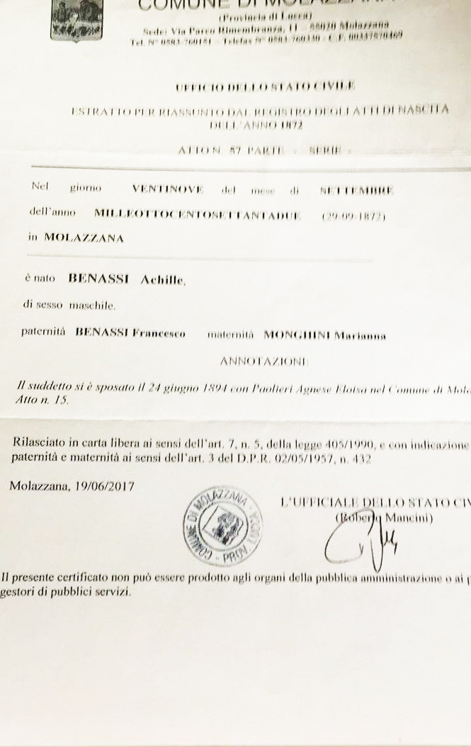 Certidão de nascimento de Achille Benassi