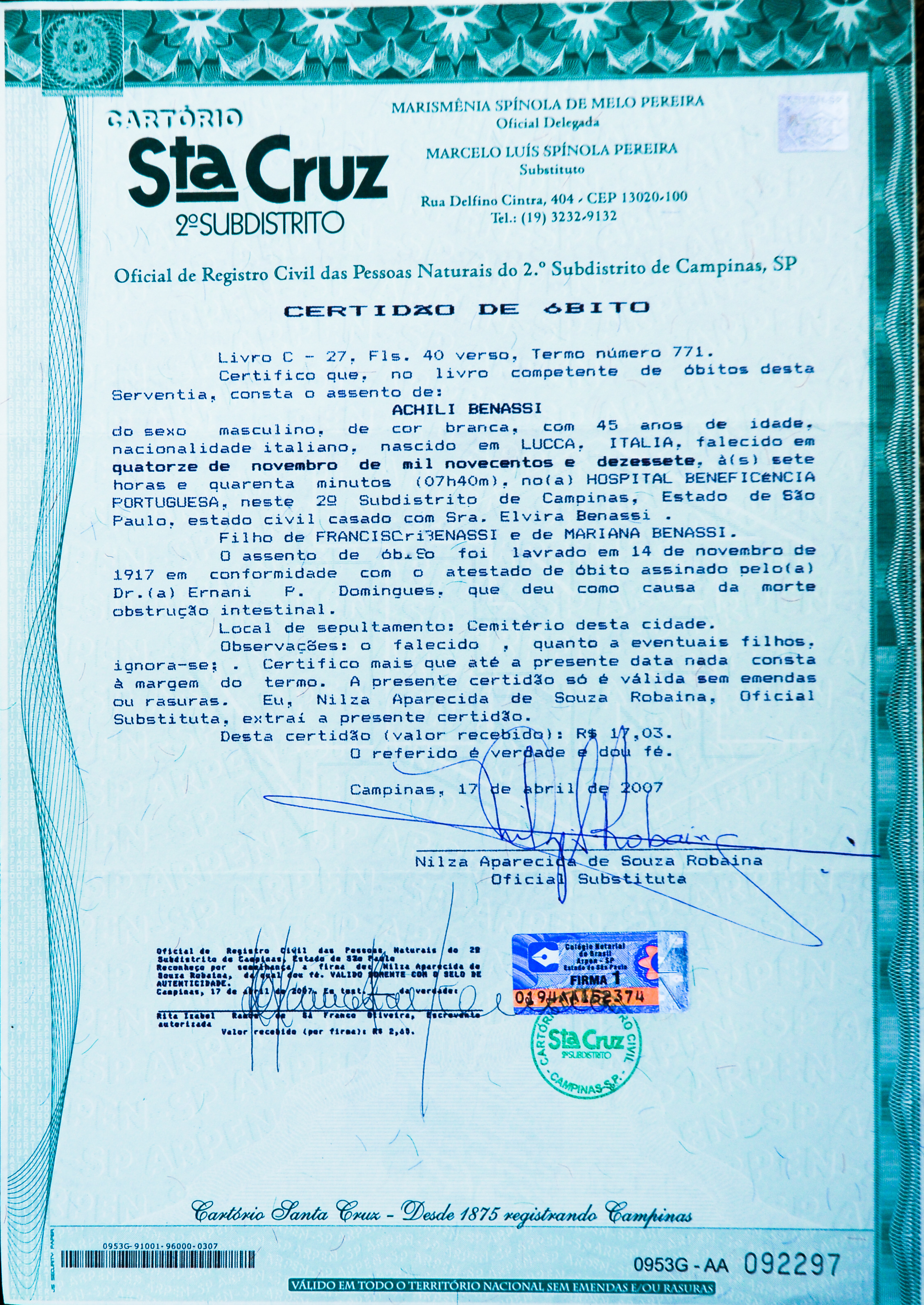 Certidão de óbito de Achille Benassi
