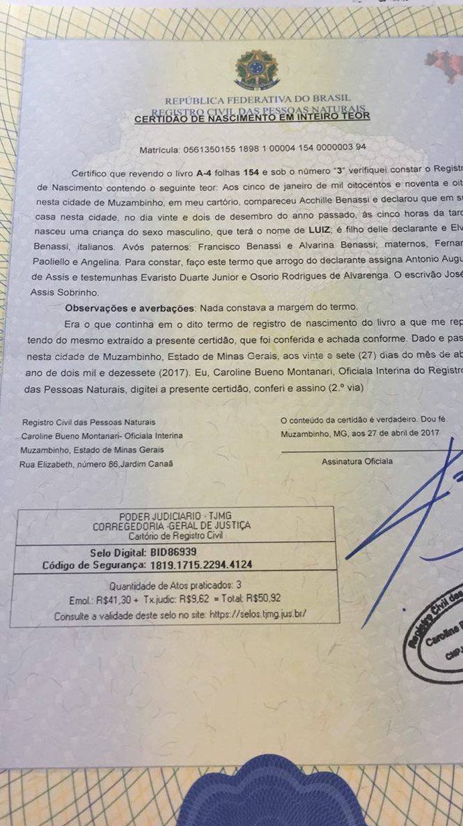 Certidão de nascimento de Luiz Benassi