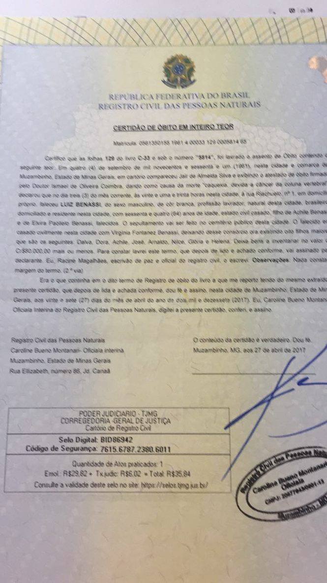 Certidão de óbito de Luiz Benassi