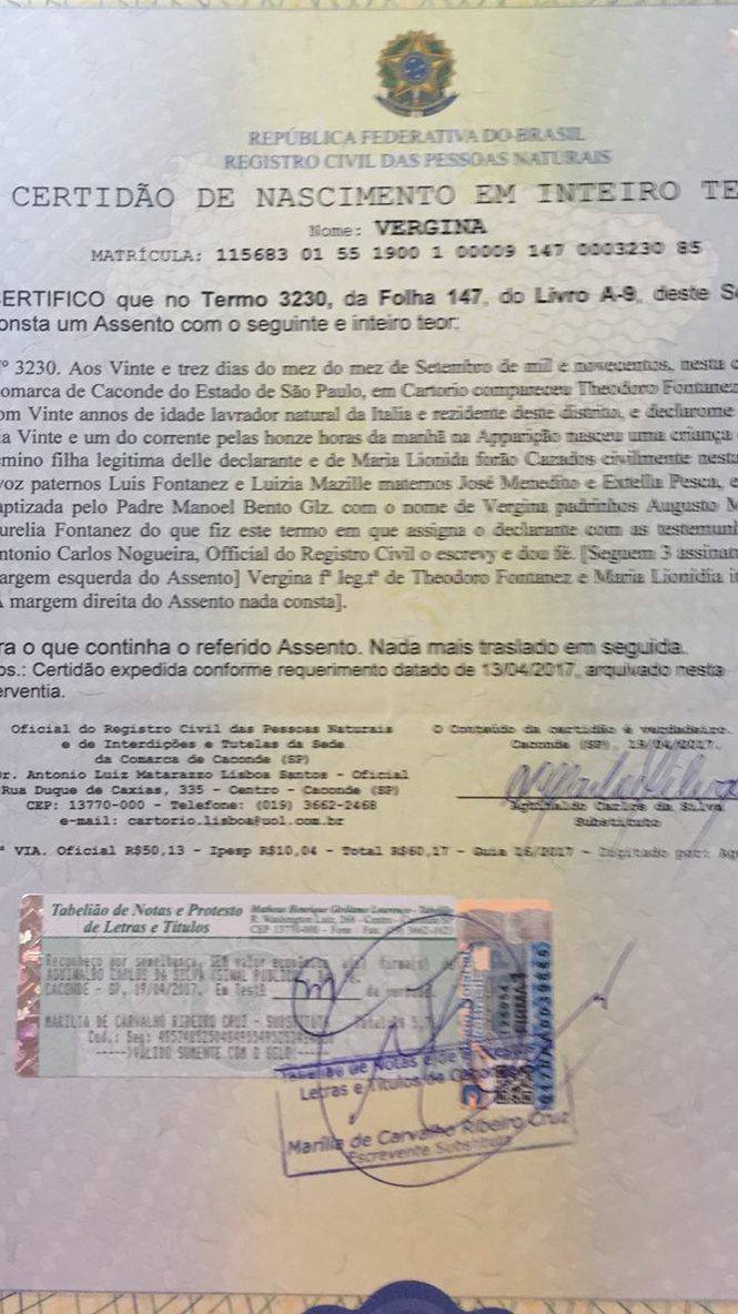 Certidão de nascimento de Vergina
