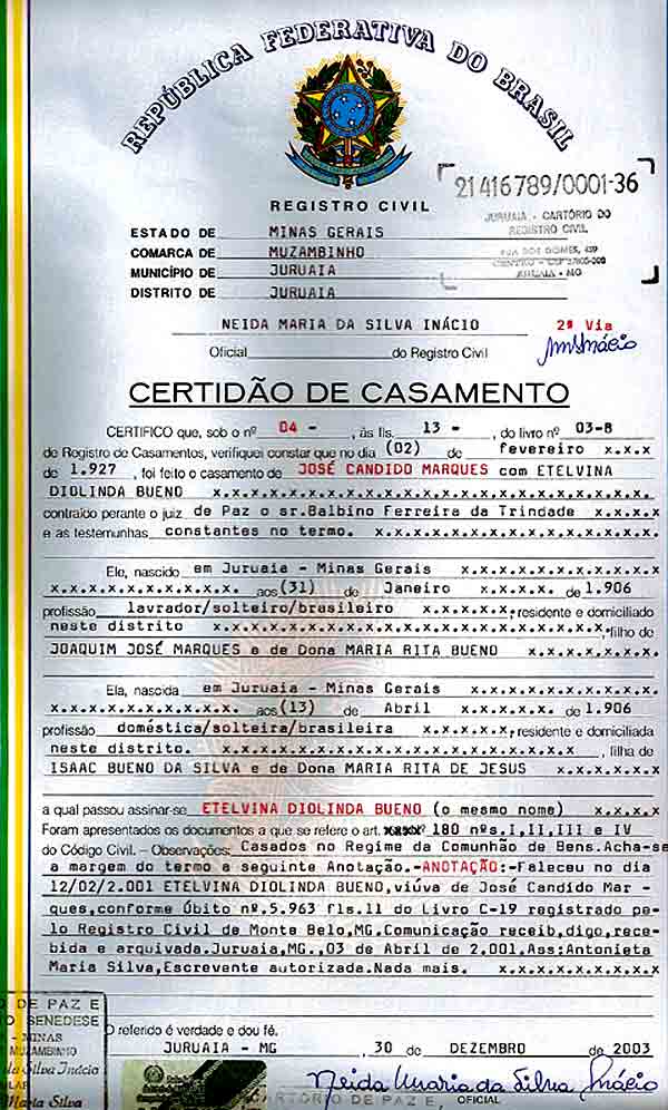 Certidão de casamento