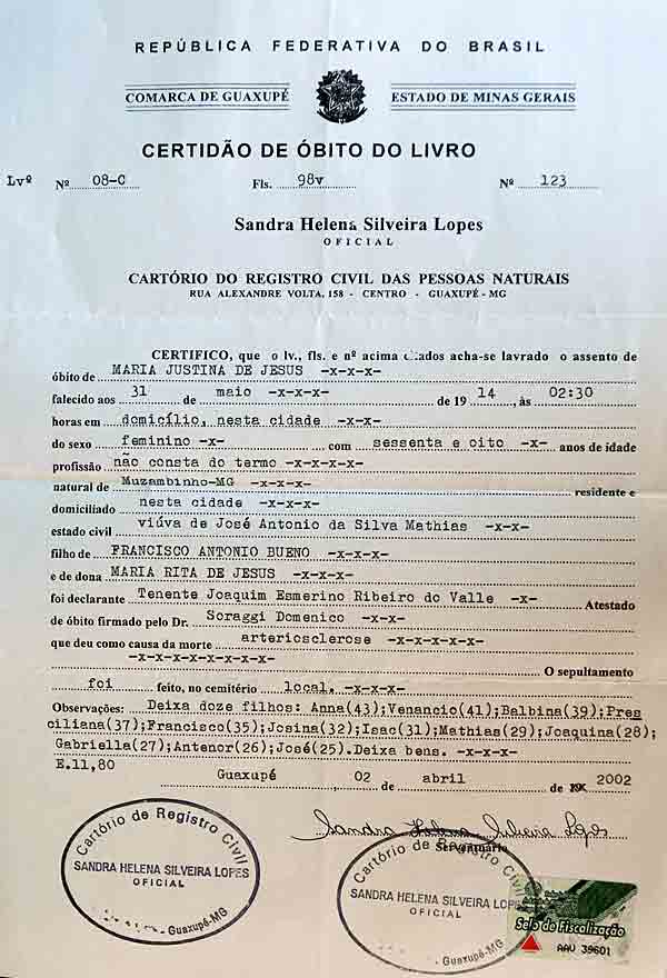 Certidão de óbito de Maria Justina